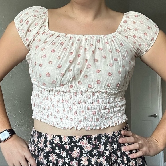 Star City Vintage Cream Floral Off the Shoulder Puff Sleeve Crop Top Large Boho - Picture 1 of 7